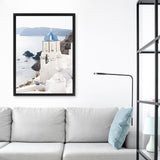 Shop Blue Dome Church Photo Canvas Art Print-Blue, Coastal, Greece, Photography, Photography Canvas Prints, Portrait, View All, White-framed wall decor artwork
