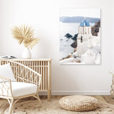 Shop Blue Dome Church Photo Canvas Art Print-Blue, Coastal, Greece, Photography, Photography Canvas Prints, Portrait, View All, White-framed wall decor artwork