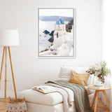 Shop Blue Dome Church Photo Canvas Art Print-Blue, Coastal, Greece, Photography, Photography Canvas Prints, Portrait, View All, White-framed wall decor artwork