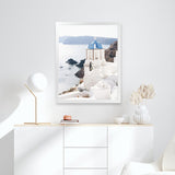 Shop Blue Dome Church Photo Art Print-Blue, Coastal, Greece, Photography, Portrait, View All, White-framed poster wall decor artwork