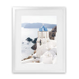 Shop Blue Dome Church Photo Art Print-Blue, Coastal, Greece, Photography, Portrait, View All, White-framed poster wall decor artwork
