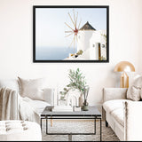 Shop Santorini Windmill II Photo Canvas Art Print-Blue, Coastal, Greece, Landscape, Photography, Photography Canvas Prints, View All, White-framed wall decor artwork