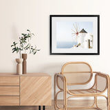 Shop Santorini Windmill II Photo Art Print-Blue, Coastal, Greece, Landscape, Photography, View All, White-framed poster wall decor artwork