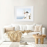 Shop Santorini Windmill II Photo Art Print-Blue, Coastal, Greece, Landscape, Photography, View All, White-framed poster wall decor artwork