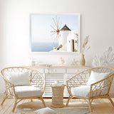 Shop Santorini Windmill II Photo Art Print-Blue, Coastal, Greece, Landscape, Photography, View All, White-framed poster wall decor artwork