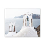 Shop Two White Churches II Photo Art Print-Blue, Coastal, Greece, Landscape, Photography, View All, White-framed poster wall decor artwork