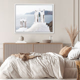Shop Two White Churches II Photo Canvas Art Print-Blue, Coastal, Greece, Landscape, Photography, Photography Canvas Prints, View All, White-framed wall decor artwork