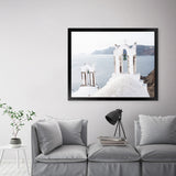 Shop Two White Churches II Photo Art Print-Blue, Coastal, Greece, Landscape, Photography, View All, White-framed poster wall decor artwork