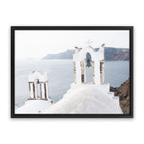 Shop Two White Churches II Photo Canvas Art Print-Blue, Coastal, Greece, Landscape, Photography, Photography Canvas Prints, View All, White-framed wall decor artwork