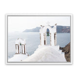 Shop Two White Churches II Photo Canvas Art Print-Blue, Coastal, Greece, Landscape, Photography, Photography Canvas Prints, View All, White-framed wall decor artwork