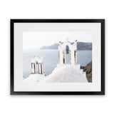 Shop Two White Churches II Photo Art Print-Blue, Coastal, Greece, Landscape, Photography, View All, White-framed poster wall decor artwork