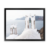 Shop Two White Churches II Photo Art Print-Blue, Coastal, Greece, Landscape, Photography, View All, White-framed poster wall decor artwork