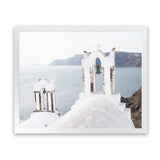 Shop Two White Churches II Photo Art Print-Blue, Coastal, Greece, Landscape, Photography, View All, White-framed poster wall decor artwork