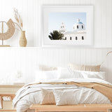Shop Santorini Church Bells Photo Art Print-Blue, Coastal, Greece, Landscape, Photography, View All, White-framed poster wall decor artwork
