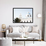 Shop Santorini Church Bells Photo Canvas Art Print-Blue, Coastal, Greece, Landscape, Photography, Photography Canvas Prints, View All, White-framed wall decor artwork