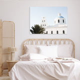 Shop Santorini Church Bells Photo Canvas Art Print-Blue, Coastal, Greece, Landscape, Photography, Photography Canvas Prints, View All, White-framed wall decor artwork