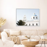 Shop Santorini Church Bells Photo Canvas Art Print-Blue, Coastal, Greece, Landscape, Photography, Photography Canvas Prints, View All, White-framed wall decor artwork