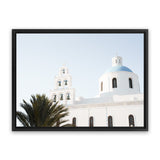 Shop Santorini Church Bells Photo Canvas Art Print-Blue, Coastal, Greece, Landscape, Photography, Photography Canvas Prints, View All, White-framed wall decor artwork