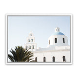 Shop Santorini Church Bells Photo Canvas Art Print-Blue, Coastal, Greece, Landscape, Photography, Photography Canvas Prints, View All, White-framed wall decor artwork