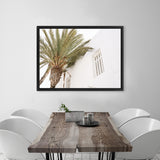 Shop Mykonos Palm Villa I Photo Canvas Art Print-Coastal, Greece, Green, Landscape, Moroccan Days, Neutrals, Photography, Photography Canvas Prints, Tropical, View All, White-framed wall decor artwork