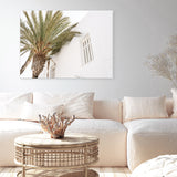 Shop Mykonos Palm Villa I Photo Canvas Art Print-Coastal, Greece, Green, Landscape, Moroccan Days, Neutrals, Photography, Photography Canvas Prints, Tropical, View All, White-framed wall decor artwork