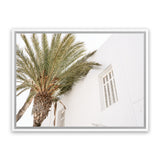 Shop Mykonos Palm Villa I Photo Canvas Art Print-Coastal, Greece, Green, Landscape, Moroccan Days, Neutrals, Photography, Photography Canvas Prints, Tropical, View All, White-framed wall decor artwork