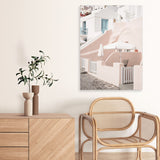 Shop Oia Rose Pink Villa II Photo Canvas Art Print-Greece, Photography, Photography Canvas Prints, Pink, Portrait, View All-framed wall decor artwork