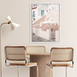 Shop Oia Rose Pink Villa II Photo Canvas Art Print-Greece, Photography, Photography Canvas Prints, Pink, Portrait, View All-framed wall decor artwork