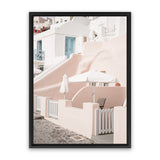 Shop Oia Rose Pink Villa II Photo Canvas Art Print-Greece, Photography, Photography Canvas Prints, Pink, Portrait, View All-framed wall decor artwork