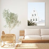 Shop Santorini Church Bells II Photo Canvas Art Print-Greece, Green, Photography, Photography Canvas Prints, Portrait, View All, White-framed wall decor artwork