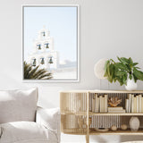 Shop Santorini Church Bells II Photo Canvas Art Print-Greece, Green, Photography, Photography Canvas Prints, Portrait, View All, White-framed wall decor artwork