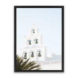 Shop Santorini Church Bells II Photo Canvas Art Print-Greece, Green, Photography, Photography Canvas Prints, Portrait, View All, White-framed wall decor artwork