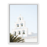 Shop Santorini Church Bells II Photo Canvas Art Print-Greece, Green, Photography, Photography Canvas Prints, Portrait, View All, White-framed wall decor artwork