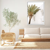 Shop Mykonos Palm Villa II Photo Canvas Art Print-Coastal, Greece, Green, Photography, Photography Canvas Prints, Portrait, View All, White-framed wall decor artwork