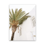 Shop Mykonos Palm Villa II Photo Canvas Art Print-Coastal, Greece, Green, Photography, Photography Canvas Prints, Portrait, View All, White-framed wall decor artwork