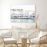 Shop Mykonos Town II Photo Canvas Art Print-Blue, Coastal, Greece, Horizontal, Landscape, Photography, Photography Canvas Prints, Rectangle, View All, White-framed wall decor artwork