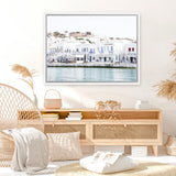 Shop Mykonos Town II Photo Canvas Art Print-Blue, Coastal, Greece, Horizontal, Landscape, Photography, Photography Canvas Prints, Rectangle, View All, White-framed wall decor artwork