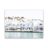 Shop Mykonos Town II Photo Canvas Art Print-Blue, Coastal, Greece, Horizontal, Landscape, Photography, Photography Canvas Prints, Rectangle, View All, White-framed wall decor artwork