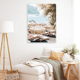 Shop Santorini Beach Parasols Photo Canvas Art Print-Boho, Brown, Coastal, Neutrals, Photography, Photography Canvas Prints, Portrait, Rectangle, Tropical, View All-framed wall decor artwork