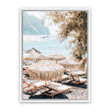 Shop Santorini Beach Parasols Photo Canvas Art Print-Boho, Brown, Coastal, Neutrals, Photography, Photography Canvas Prints, Portrait, Rectangle, Tropical, View All-framed wall decor artwork