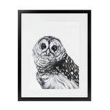 Shop Snow Owl Art Print-Animals, Birds, Black, Grey, Portrait, Rectangle, View All-framed painted poster wall decor artwork