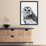 Shop Snow Owl Canvas Art Print-Animals, Birds, Black, Grey, Portrait, Rectangle, View All-framed wall decor artwork