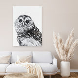Shop Snow Owl Canvas Art Print-Animals, Birds, Black, Grey, Portrait, Rectangle, View All-framed wall decor artwork