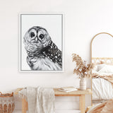 Shop Snow Owl Canvas Art Print-Animals, Birds, Black, Grey, Portrait, Rectangle, View All-framed wall decor artwork