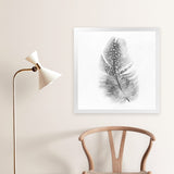Shop Feather (Square) Art Print-Birds, Grey, Hamptons, Scandinavian, Square, View All, White-framed painted poster wall decor artwork
