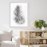 Shop Feather Canvas Art Print-Birds, Grey, Portrait, Rectangle, Scandinavian, View All, White-framed wall decor artwork