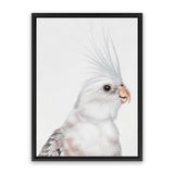 Shop Pia The White Cockatiel Canvas Art Print-Animals, Baby Nursery, Birds, Portrait, Rectangle, Scandinavian, View All, White-framed wall decor artwork