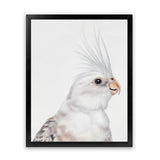Shop Pia The White Cockatiel Art Print-Animals, Baby Nursery, Birds, Portrait, Rectangle, Scandinavian, View All, White-framed painted poster wall decor artwork