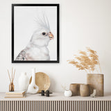 Shop Pia The White Cockatiel Art Print-Animals, Baby Nursery, Birds, Portrait, Rectangle, Scandinavian, View All, White-framed painted poster wall decor artwork