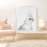 Shop Pia The White Cockatiel Art Print-Animals, Baby Nursery, Birds, Portrait, Rectangle, Scandinavian, View All, White-framed painted poster wall decor artwork